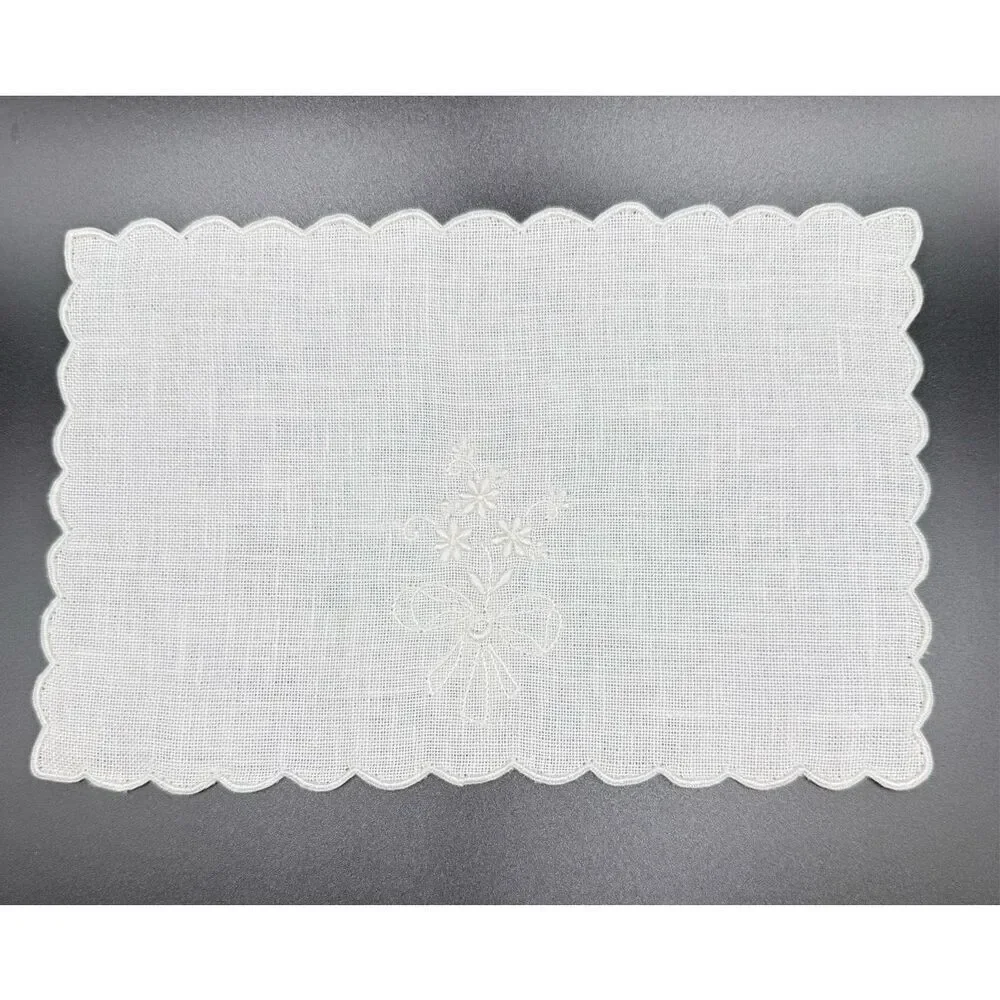 Linen Cocktail Napkins Set of 6 White On White Floral Embroidery 5.5” X 8”